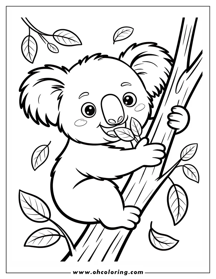 A cartoon koala sits on a tree branch and eats leaves.