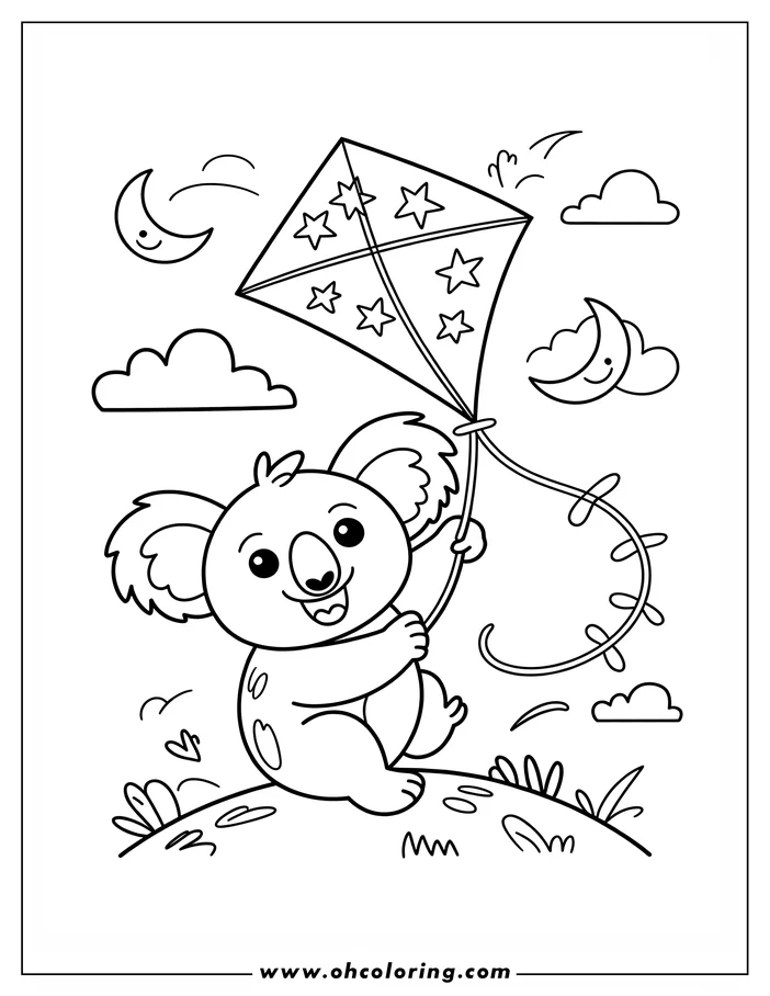 Line art of a koala flying a kite with stars on it, with a night sky and crescent moons in the background.