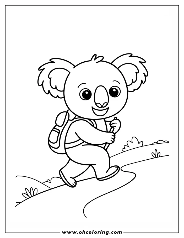 Line art of a koala hiking with a backpack and walking stick. It has large ears and a friendly expression.