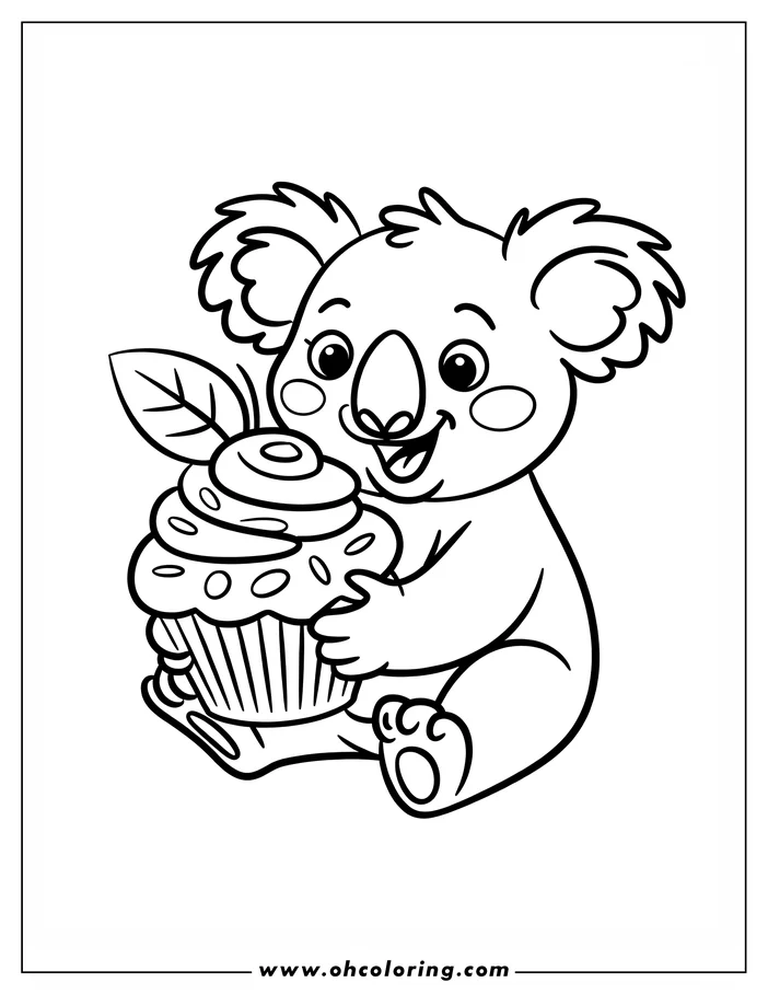 A cartoon koala sits holding a frosted cupcake decorated with a leaf.