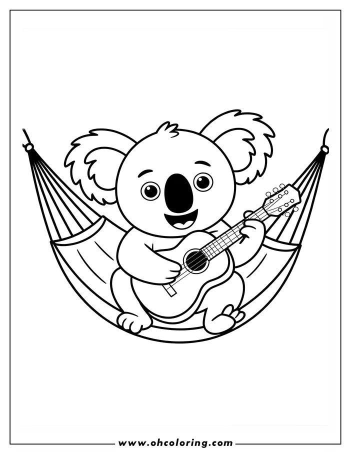 Outline of a koala relaxing in a hammock and playing a guitar