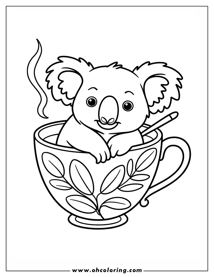 Outline of a koala sitting in a steaming teacup. The teacup has leaf decorations.