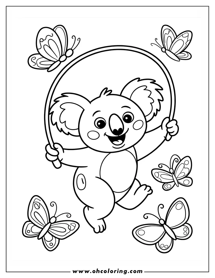 Outline of a koala jumping rope with butterflies fluttering around it.