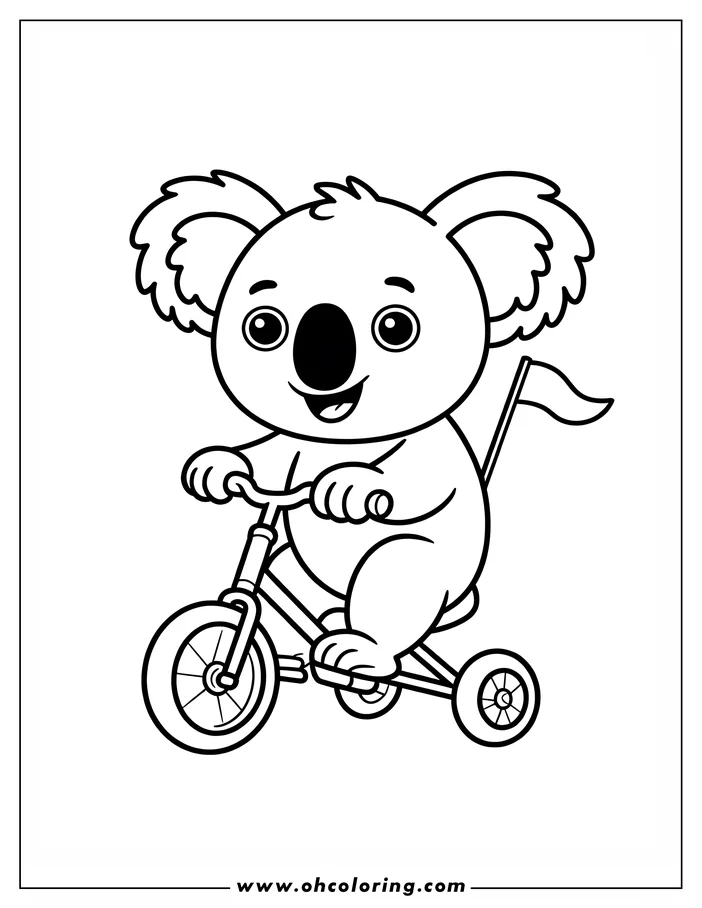 Line art of a koala riding a tricycle with a flag