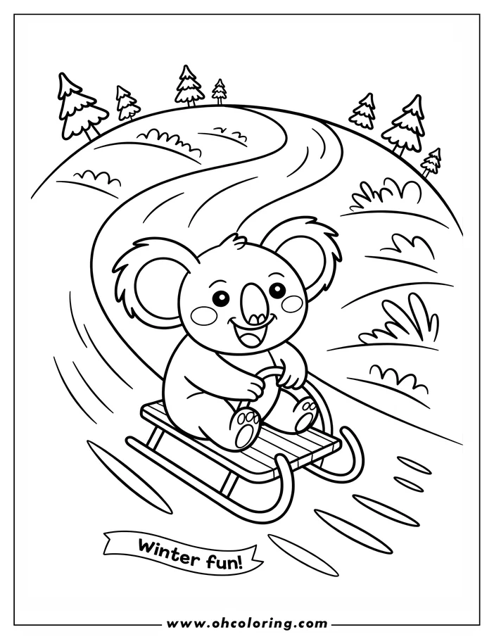 Outline of a koala riding a wooden sled down a snowy hill.