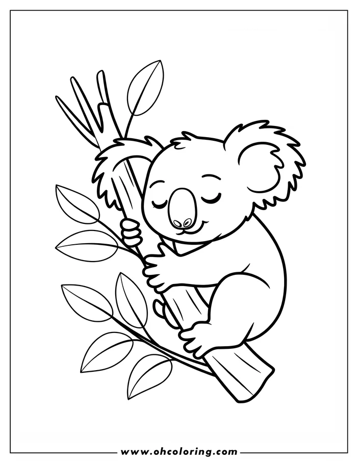 Outline of a koala sleeping soundly while hugging a tree branch, with leafy branches all around.