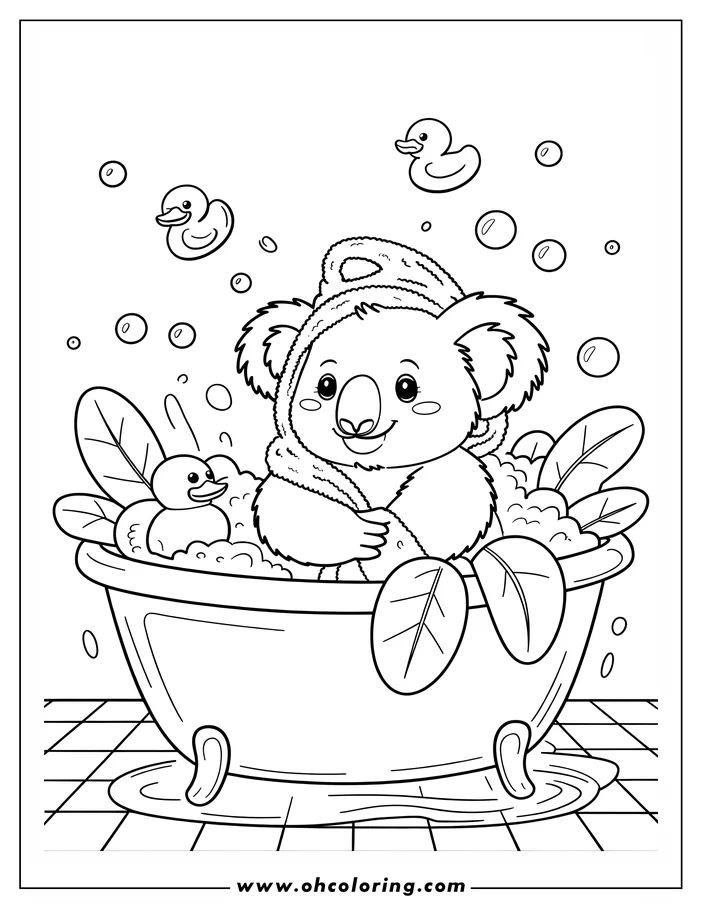 Line art of a koala enjoying a bath in a claw-foot tub with a towel on its head, surrounded by bubbles and rubber ducks.
