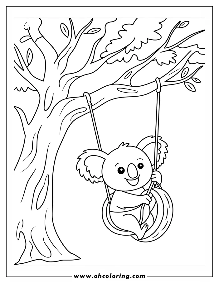 Outline of a koala sitting and smiling on a tire swing hanging from a large tree branch.
