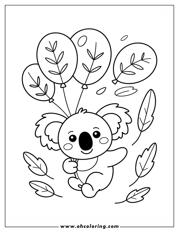 Outline of a koala holding three balloons and floating amongst leaves