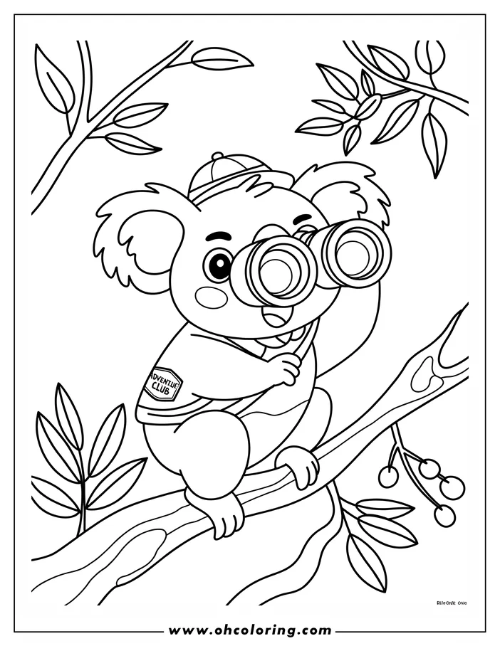 Line art of a koala wearing a cap and vest, perched on a tree branch and using binoculars.  Small berries and leaves surround the koala.