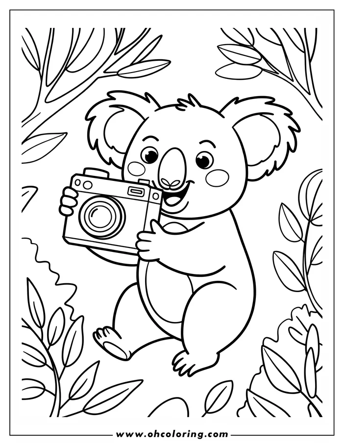 Line drawing of a koala holding a camera in its paws, surrounded by leaves and tree branches.