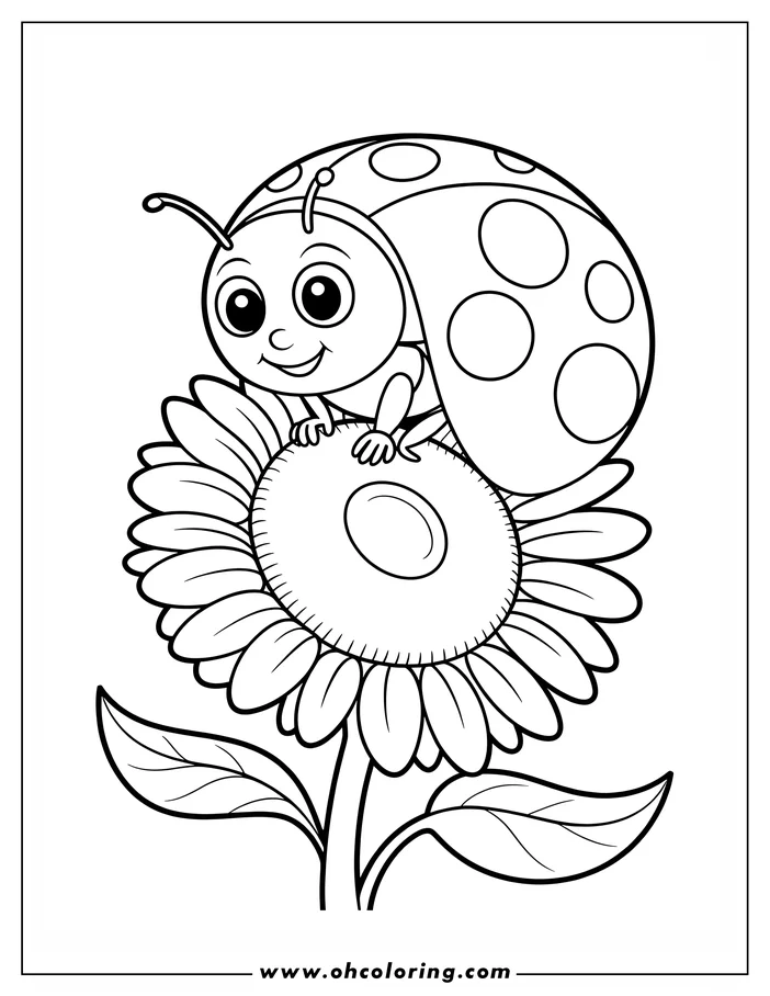 Line art of a ladybug resting on a flower. The ladybug has large eyes and a smiling face. It sits in the center of the flower, which has numerous petals and two leaves below.