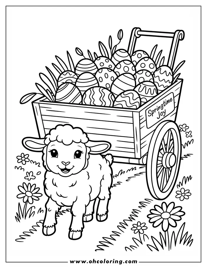 Line art of a lamb standing next to a wagon overflowing with decorated Easter eggs.  The wagon is labeled Springtime Joy. The scene is set outdoors, with grass and flowers surrounding the lamb and the wagon, creating a festive springtime or Easter atmosphere, suitable for a coloring sheet.