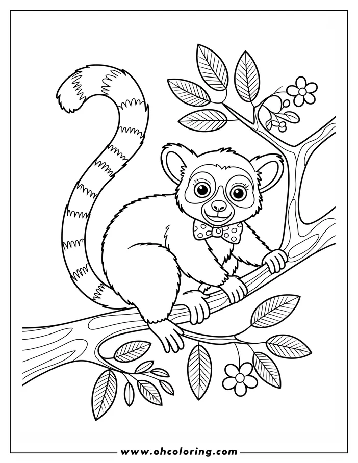 Line art of a lemur sitting on a tree branch, wearing a bow tie.