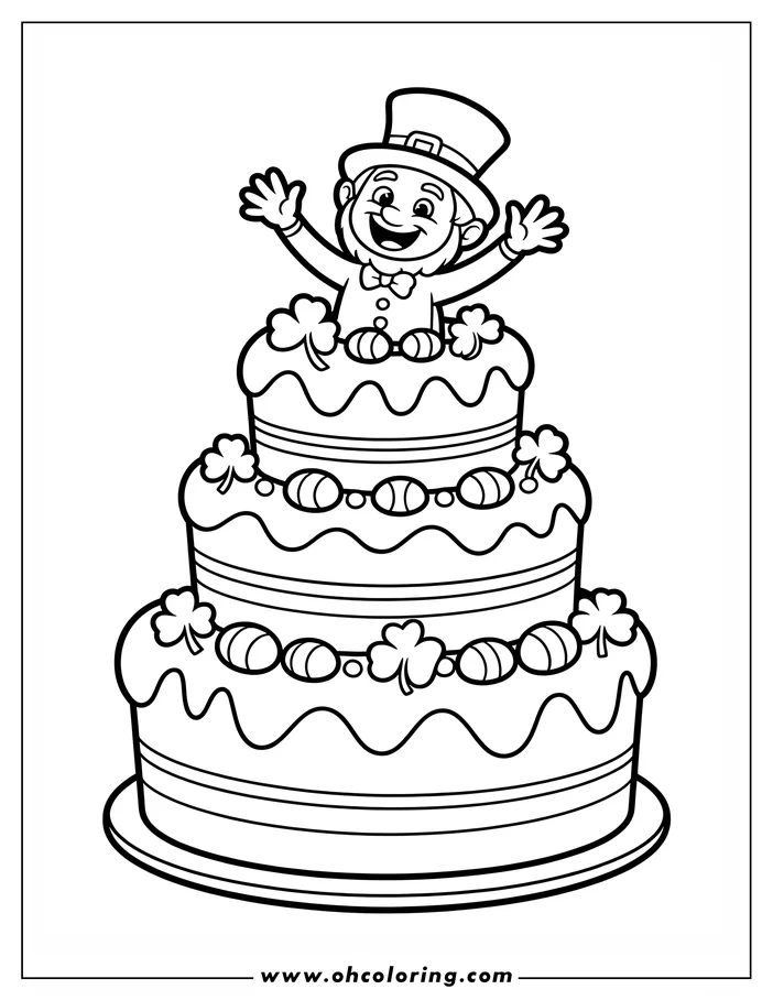 Line art of a St. Patrick's Day coloring sheet depicting a cheerful leprechaun popping out of a three-tiered cake decorated with shamrocks and candies.