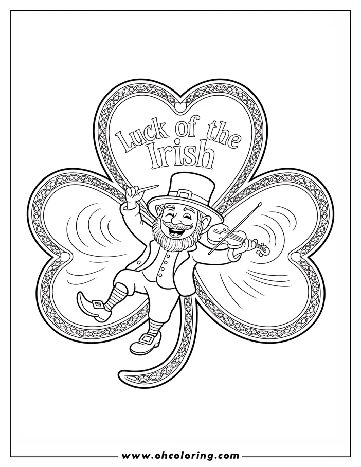 Line art depicting a leprechaun playing a violin within a shamrock frame, decorated with Celtic knot designs.  The leprechaun is wearing a hat and buckled shoes, perfect for a St. Patrick's Day coloring page.