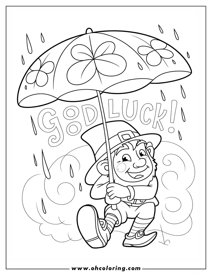 Line art of a leprechaun holding an umbrella decorated with shamrocks. Rain falls around him, and the words "Good Luck!" appear above. This St. Patrick's Day-themed coloring sheet design is ready for printing and coloring.