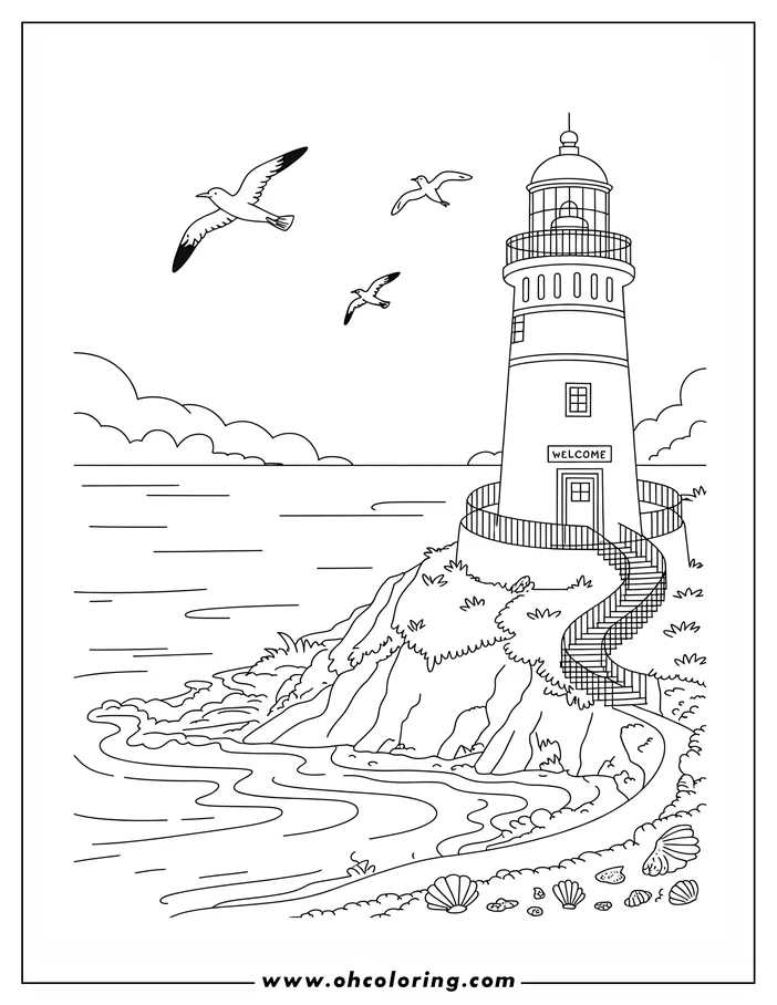 Line art of a lighthouse on a rocky coast with seagulls flying above and seashells on the beach.