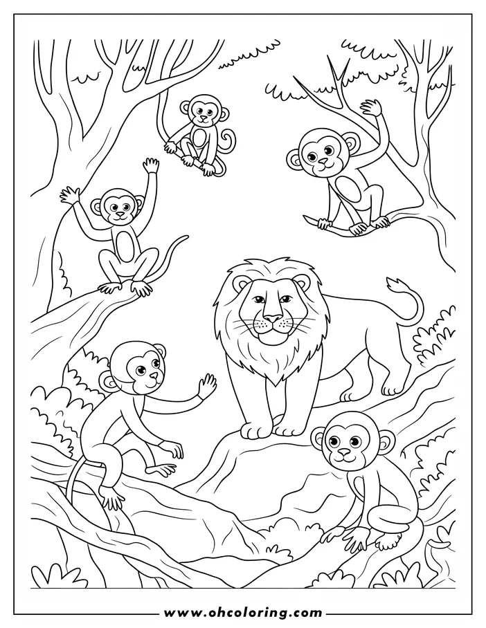 Outline of a lion standing on a mound in a jungle setting, surrounded by four playful monkeys in the trees and on the ground.
