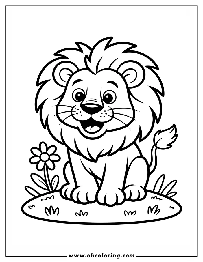 Outline of a cartoon lion sitting at the zoo near a flower