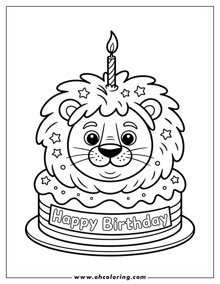 Outline of a lion birthday cake with a lit candle and "Happy Birthday" banner