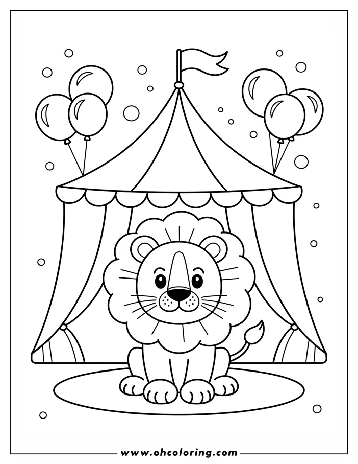 Outline of a lion sitting in a circus tent, with balloons floating around it.