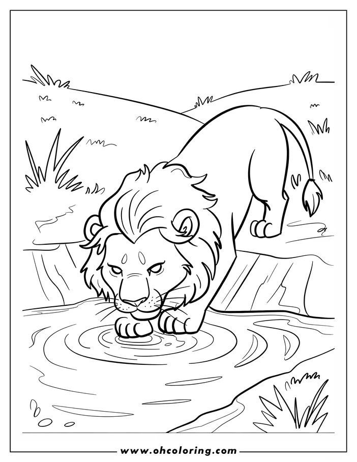 Outline of a young lion drinking from a pond in a grassy landscape