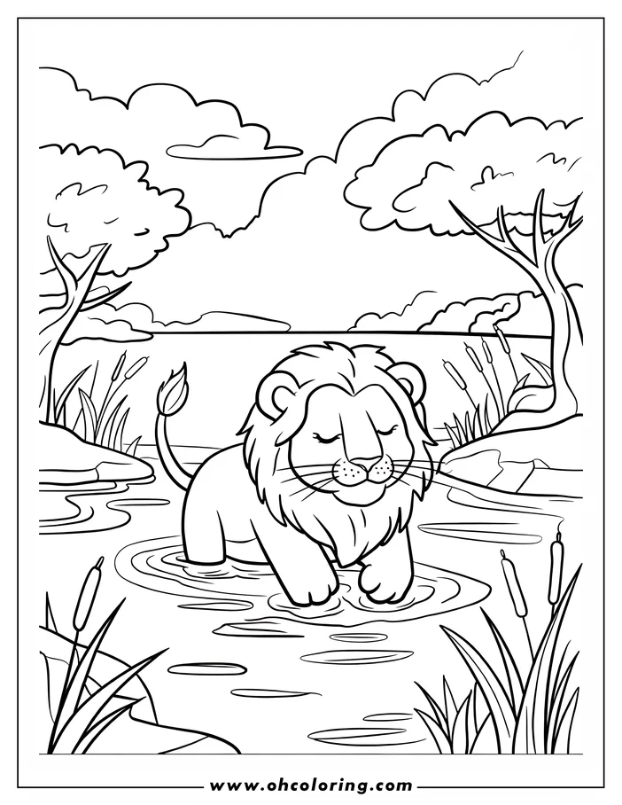 Line art of a lion standing in shallow water surrounded by cattails and other plants, with trees and a cloudy sky in the background.
