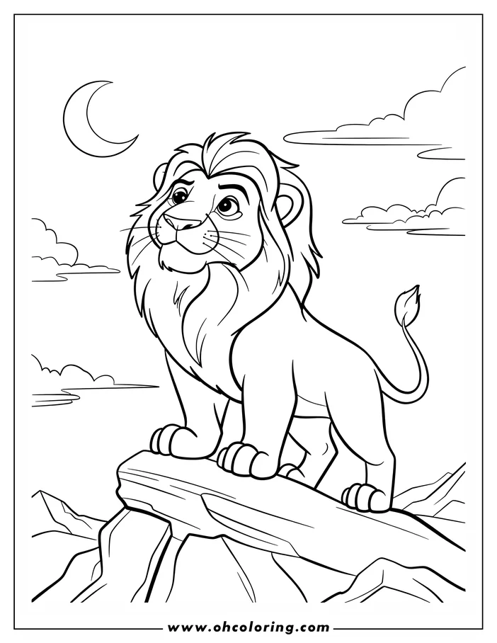 Line art of a young lion standing on a rock, looking at a crescent moon. Clouds and mountains are visible in the background.