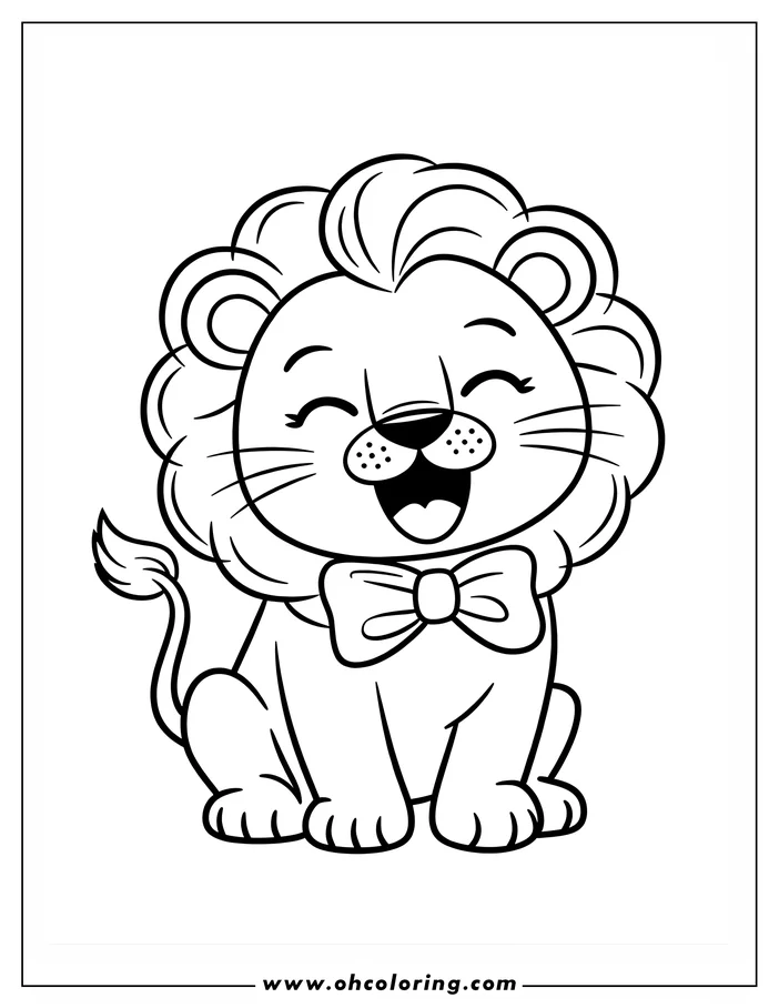 Line art of a cheerful cartoon lion wearing a large bow tie, sitting and smiling.