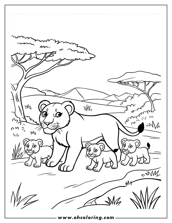 Line art of a lioness with three cubs in a savanna landscape. Two acacia trees and rolling hills are visible in the background.
