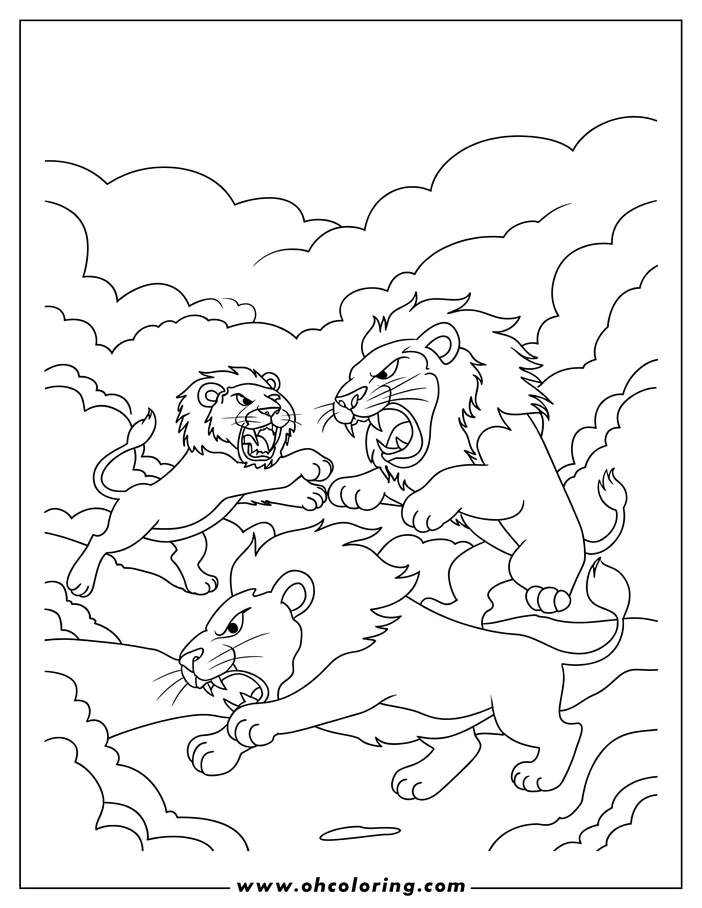 Three cartoon lions roaring at each other against a cloudy background.