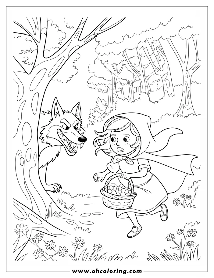 Line art of Little Red Riding Hood carrying a basket and encountering the Big Bad Wolf in a forest setting.