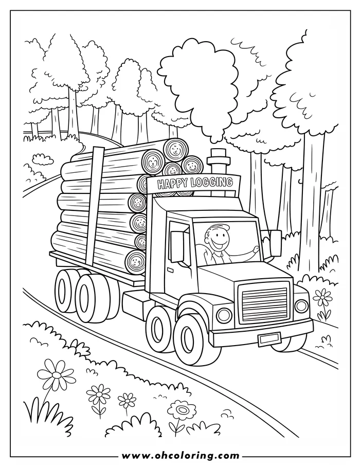 Line art of a logging truck carrying logs down a road through a forest. The driver waves from his window.