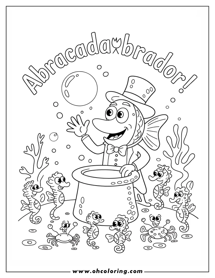 Outline of a magician fish performing with a top hat. Seahorses and small crabs gather round the fish and his hat.
