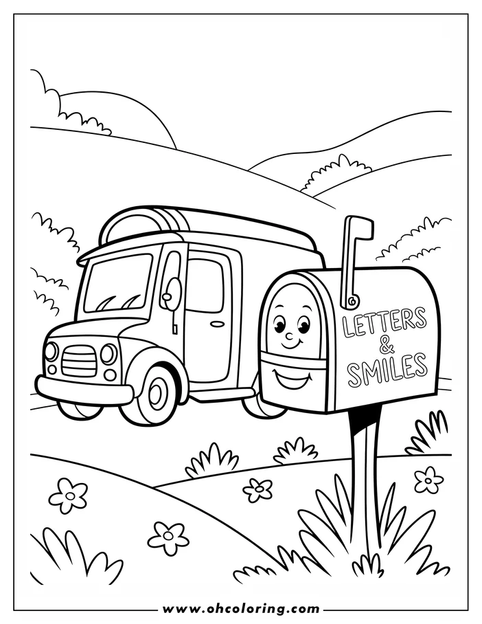 Outline of a friendly cartoon mail truck beside a smiling mailbox with "Letters & Smiles" written on it. Flowers and grass are visible in the foreground.