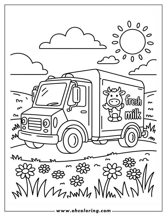 Outline of a milk truck parked in a field with daisies, clouds, and a sun in the background.