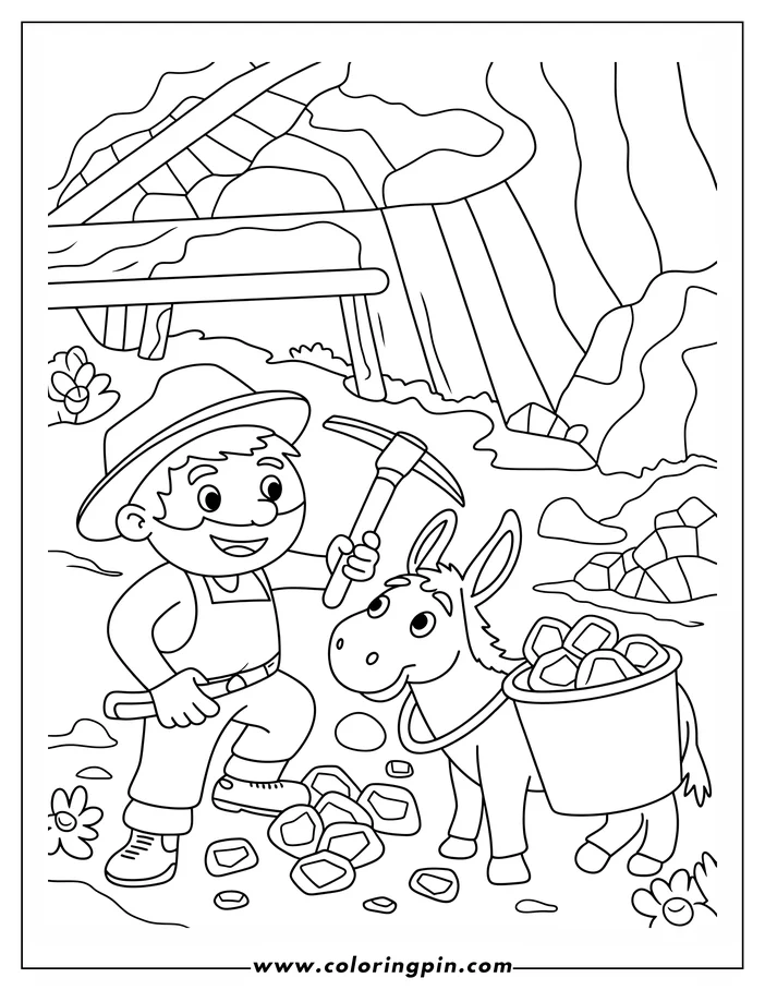 Outline of a miner with a pickaxe and a donkey carrying a bucket of crystals in a mine.