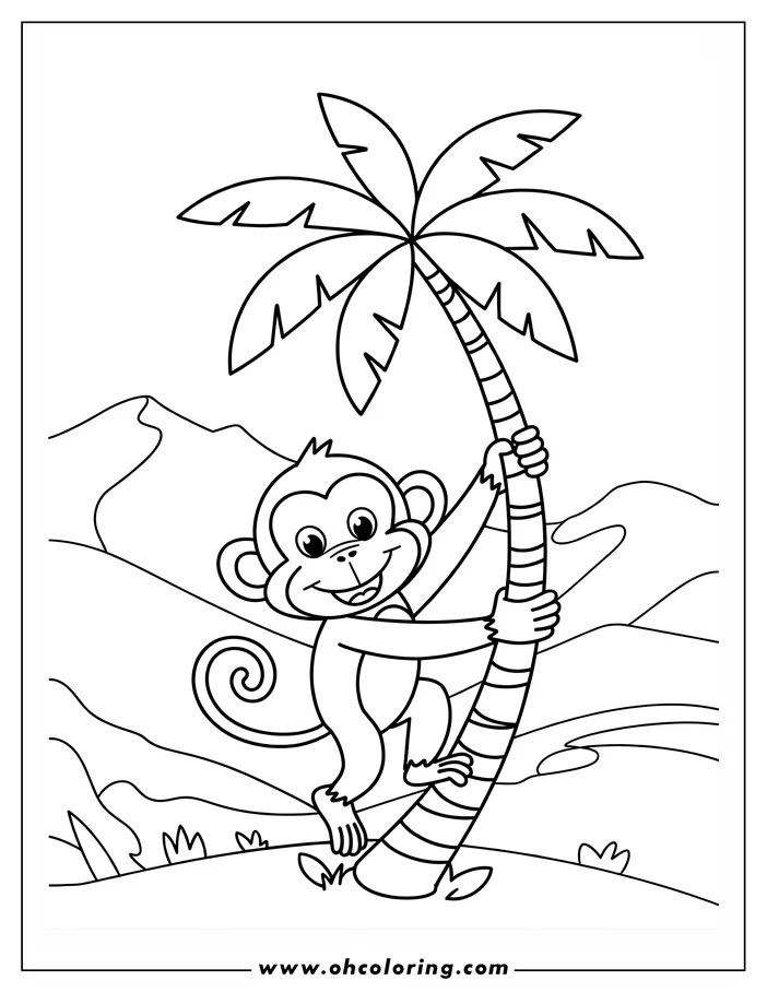 A monkey happily climbs a palm tree in a simple landscape setting.