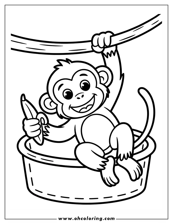 Outline of a monkey sitting in a basket and eating a banana.