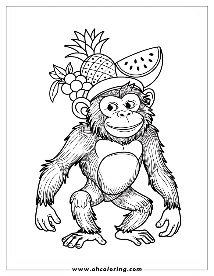 Line art of a monkey wearing a hat made of fruit, including watermelon, pineapple, and grapes.