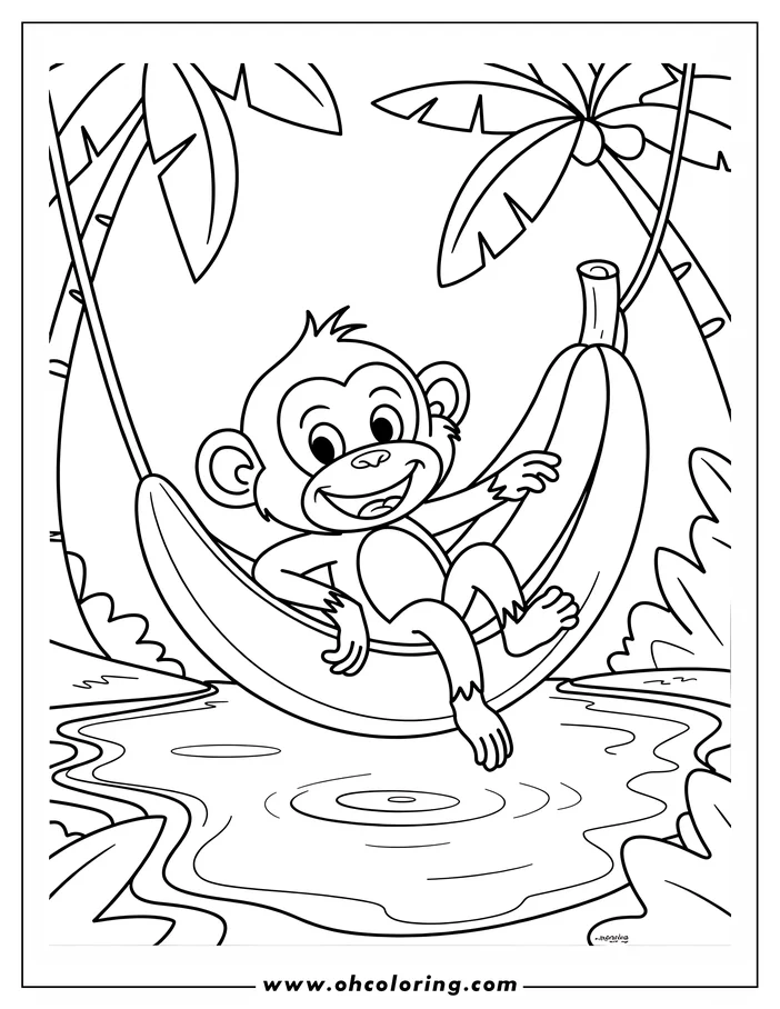 Outline of a smiling monkey relaxing in a banana hammock, dangling a foot in the water below, with palm trees in the background.