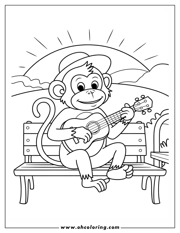 Outline of a smiling monkey wearing a cap, sitting on a park bench and playing a ukulele, with a low stone wall and sunset in the background.