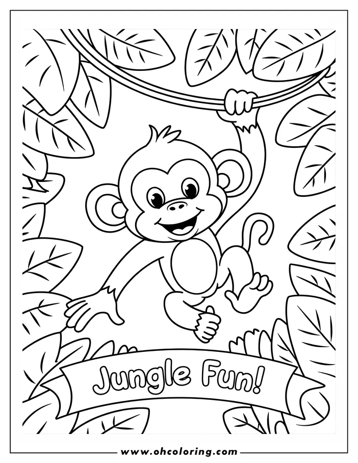 A cartoon monkey hangs from a vine, swinging with a smile in a jungle setting.