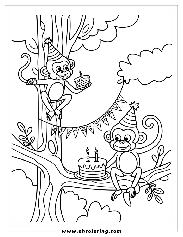 Two monkeys in party hats celebrate a birthday with cakes and a 'Happy Birthday' banner in a tree.