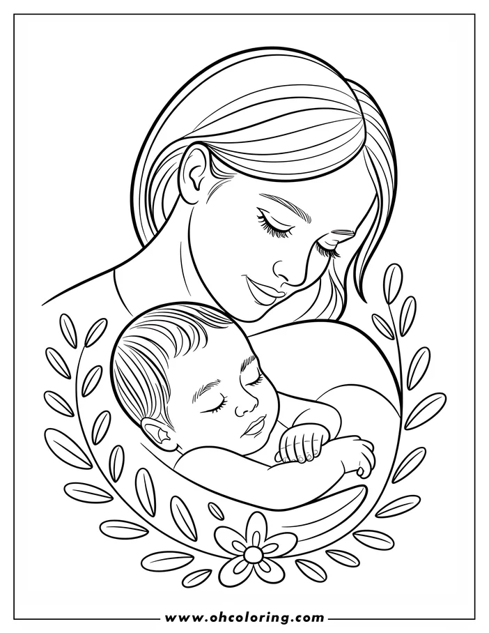 Line art of a mother holding her sleeping baby. The mother has long, wavy hair and is looking down at her baby with closed eyes. The baby is sleeping soundly, its hands folded. They are surrounded by a decorative wreath of leaves and flowers. This is a coloring page design for Mother's Day.
