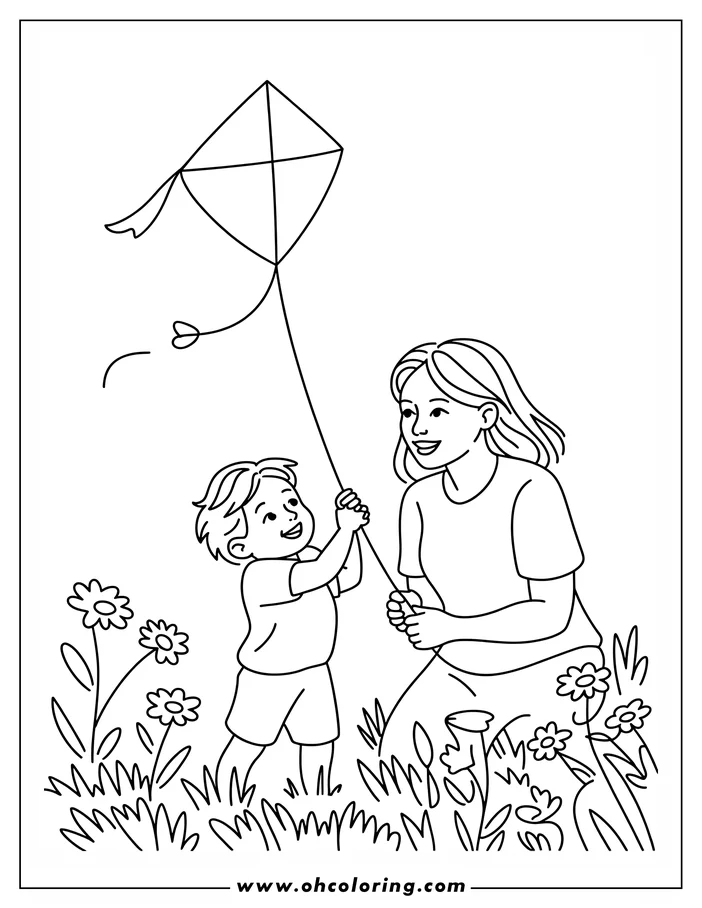 Line art of a mother and child flying a kite together in a field of flowers. The child holds the kite string, looking up with a smile, and the mother assists, smiling at the child. Flowers and grass are in the foreground, creating a cheerful spring scene in this printable coloring page design.