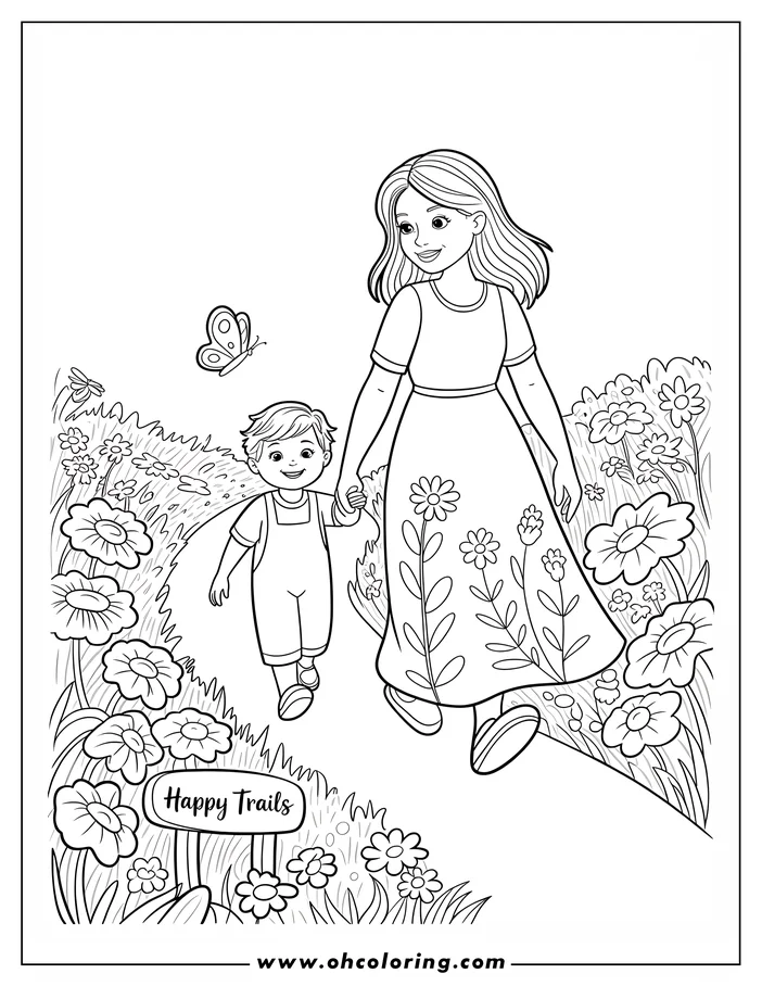 Line art of a mother and child holding hands, strolling down a flower-lined path labeled 'Happy Trails.' Butterflies flutter above, adding a touch of whimsy to this Mother's Day coloring page design.