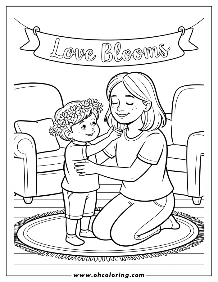 Heartwarming line art of a child giving their mother a hug for Mother's Day. The child, wearing a flower crown, embraces their mother, who kneels down to hug back. The scene is set in a living room and includes a 'Love Blooms' banner, perfect for a Mother's Day coloring sheet.