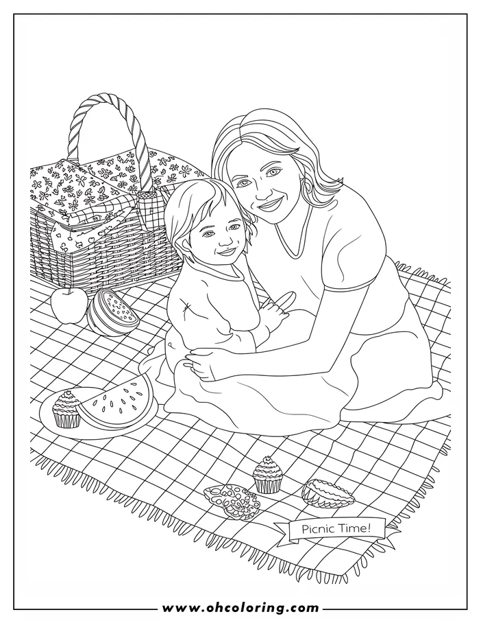Line art of a mother and child enjoying a picnic. They are sitting on a checkered blanket with a basket, watermelon slices, cupcakes, and other treats. This heartwarming scene is a perfect coloring page for Mother's Day or any occasion celebrating family.
